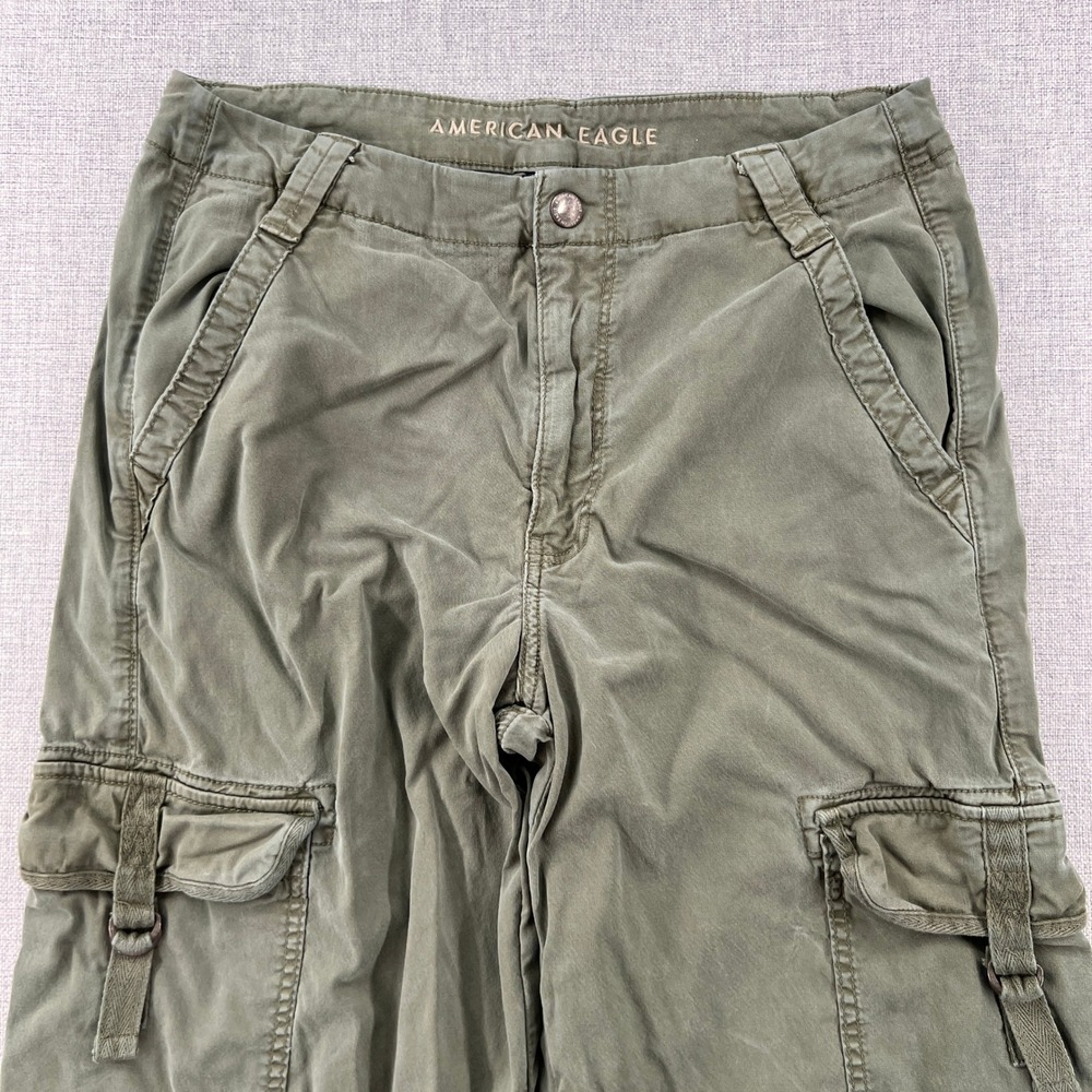 American Eagle Super High Rise Baggy Wide Leg Cargo Pants Women 8 Olive Green - Picture 8 of 13